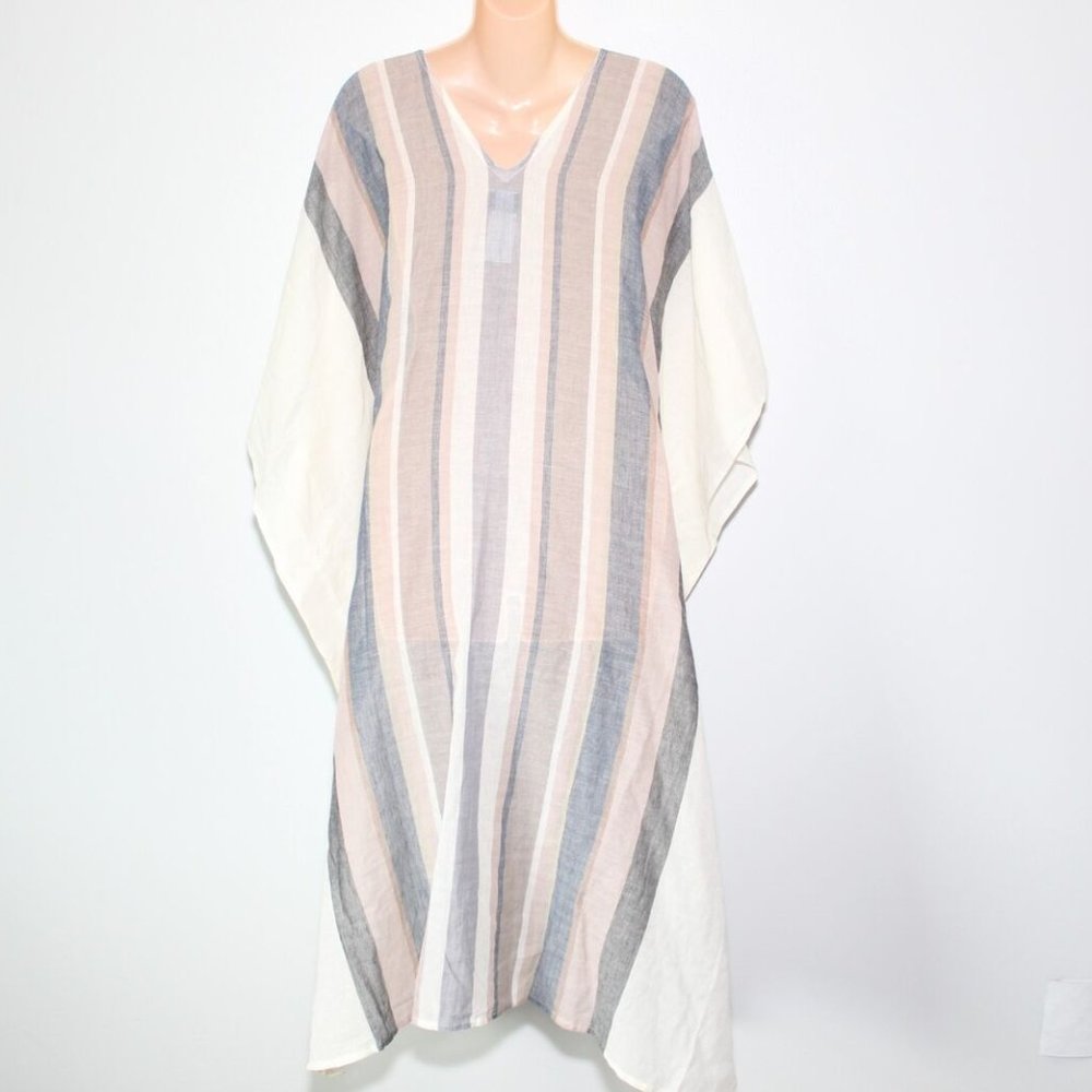 NWT ECHO Striped Beach Caftan Maxi Swim Cover White Tan Size L/XL H13276 - Picture 7 of 12